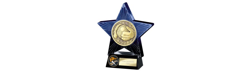 SUPERSTAR BLUE FOOTBALL GOALKEEPER RESIN TROPHY - 2 SIZES - 11CM & 14CM SUPERSTAR BLUE FOOTBALL GOALKEEPER RESIN TROPHY - 2 SIZES - 11CM & 14CM